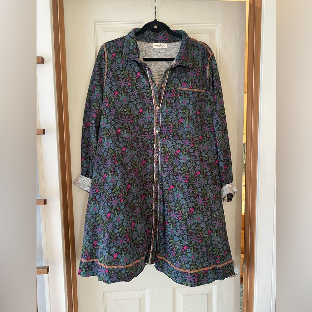 Womens Floral Button-Front Dress Coat - Black with Teal & Pink Floral